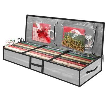 Imagem de EMOMAS Caixa de armazenamento de papel de embrulho de Natal, recipiente de plástico para suprimentos e acessórios de férias, organizador de sacolas de presente, armazenamento de papel de embrulho sob