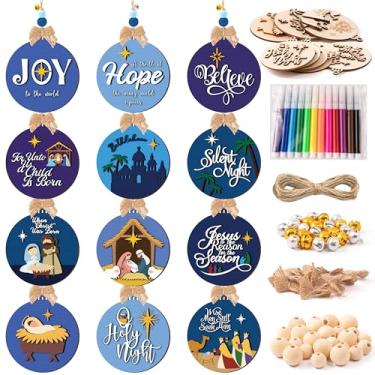 Imagem de WATINC Kit de enfeites de Natal 3D DIY para pintar – 12 estilos de decoração de madeira inacabada com desenhos elevados, inclui canetas de tinta, sinos, laços e miçangas, artesanato de árvore de Natal