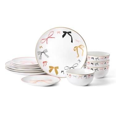 Imagem de Stone Lain Conjunto de louça Rosie com 12 peças de porcelana, pratos e tigelas, seguro para lava-louças e micro-ondas, conjunto de pratos para 4, multicolorido