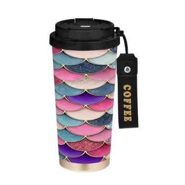 Imagem de STAYTOP Linda caneca de café de viagem colorida com isolamento de escamas de sereia 500 ml, copo de café reutilizável de aço inoxidável com tampa flip à prova de vazamento à prova de vazamento para