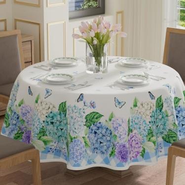 Imagem de XCHI Toalha de mesa xadrez com flores de hortênsia borboleta primavera redonda toalha de mesa lavável para jantar em ambientes internos e decorações de festa em casa 170 x 177 cm