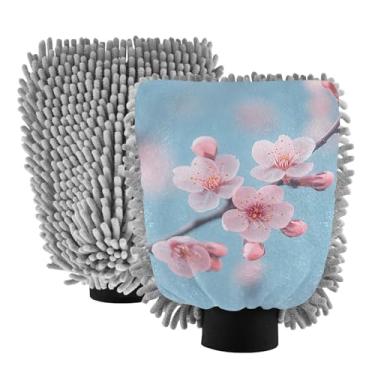 Imagem de STAYTOP Lindas luvas de lavagem de carro com flores de cerejeira, 2 peças, luvas de microfibra de chenille, sem arranhões, panos de esponja de lavagem ultra absorventes para carros, limpeza doméstica