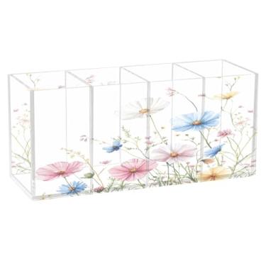 Imagem de Burbuja Porta-canetas de acrílico para aquarela, flores silvestres, 4 compartimentos, suporte de lápis transparente para pincéis de maquiagem, acessórios de mesa de escritório em casa