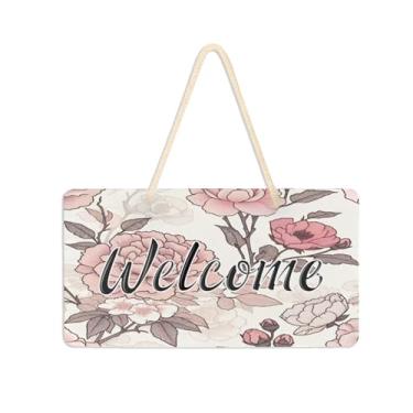 Imagem de Burbuja Placa de boas-vindas floral rosa para porta da frente, placa de boas-vindas de PVC para decoração de férias, 15 x 28 cm