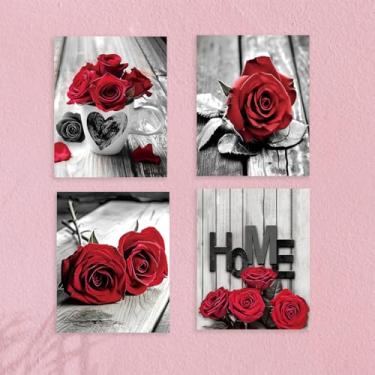Imagem de 4 peças de decoração de parede vintage rosa vermelha, pintura estética sem moldura, pôster de arte para paredes, decoração de parede romântica impressões modernas para casa, escritório, sala de estar