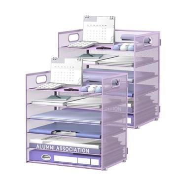 Imagem de Daltack Organizador de papel de 6 camadas para mesa, organizador de bandeja de papel para mesa, organizadores de arquivos de mesa de malha com alça para escritório, casa, escola, roxo, pacote com 2