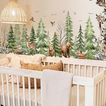 Imagem de FUFUQUARE Adesivos de parede de árvore de montanha grande floresta de pinheiros urso esquilo coelho girafa descascar e colar decalques de arte de parede para quarto de crianças quarto de bebê berçário
