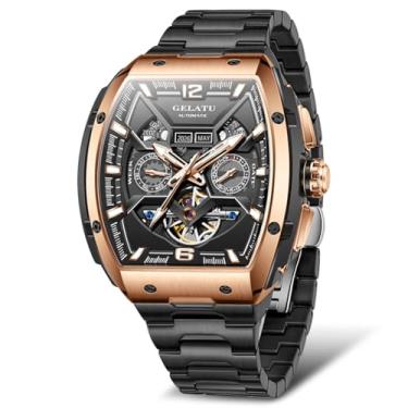 Imagem de OLEVS Relógio masculino automático esqueleto turbilhão automático relógio masculino luxuoso cristal safira à prova d'água quadrado grande mostrador mecânico, 6013: ouro rosa e preto