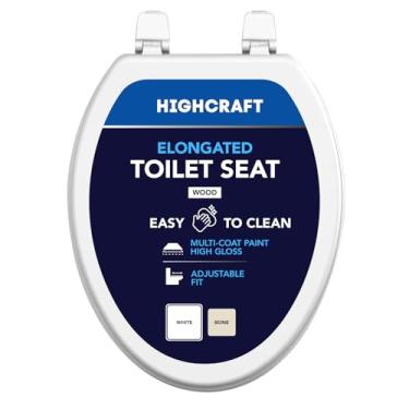 Imagem de HIGHCRAFT Assento de vaso sanitário alongado com dobradiças ajustáveis - Assento sanitário de madeira moldada - Serve para vasos sanitários alongados padrão - Assento oval em branco