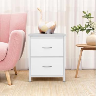 Imagem de Parcus Mesa de cabeceira, mesa lateral pequena de 2 gavetas com tampo de madeira e caixas de tecido, organizador de mesa de cabeceira para quarto, armário e dormitório (branco descascado)