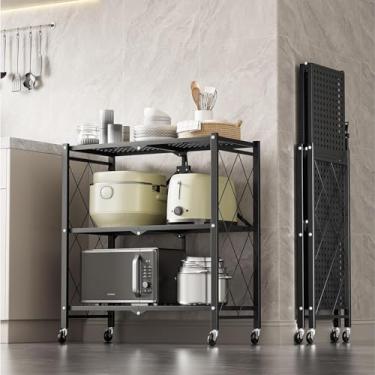 Imagem de Prateleira de armazenamento de metal dobrável de 3 camadas com rodas, 71,5 cm L x 39,5 cm P x 87 cm A, capacidade de carga de 250 kg, prateleira organizadora resistente sem montagem para despensa