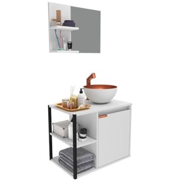 Imagem de Gabinete Banheiro Completo + Cuba + Espelheira + Armário Espelho Decoração Industrial Metal Cobre Madeira (Branco)