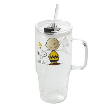 Imagem de Peanuts Copos de vidro Snoopy com tampas e canudos - Copo de 1,134 g com alça e garrafas de água de vidro de palha, copos com canudos, xícaras de café gelado, caneca de café de viagem, copo de