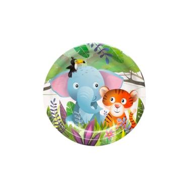 Imagem de Fun Express Pratos de sobremesa coloridos para festa de animais zoológicos – 18 cm (pacote com 8) – papel redondo descartável, design animal safári na selva – aniversários infantis, festas de aula e