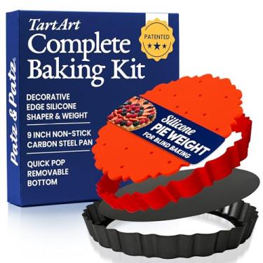 Imagem de Patz&Patz Forma de torta tudo-em-um canelada, conjunto de fundo removível de 22 cm com modelador de crosta de silicone patenteado e peso de torta - Assadeira de quiche e formas de torta para assar