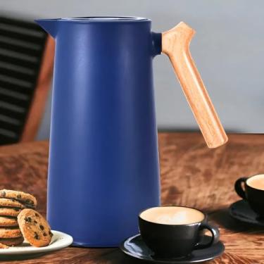 Imagem de Garrafa Térmica 1 Litro Jarra Cabo de madeira Nórdica Azul Café Chá
