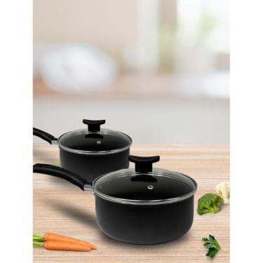 Imagem de Conjunto de Panelas Antiaderentes Teflon 16 e 18 com Tampa de Vidro Panelas Duráveis para Cozinha (Preto)