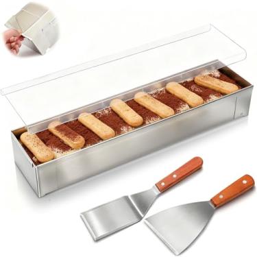 Imagem de Blushtier 1 forma de bolo retangular antiaderente com tampa de acrílico e 2 espátulas de metal com moldura removível 304 formas de bolo de aço inoxidável para mousse de cheesecake de tiramisu (39 x 9