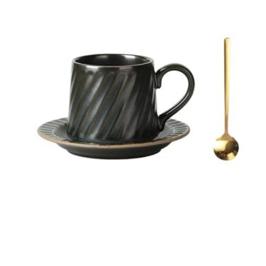 Imagem de Caneca de chá Caneca de cerâmica retrô listrada preta para chá da tarde, xícara café com leite e pires, colher 300ml Xícaras de café