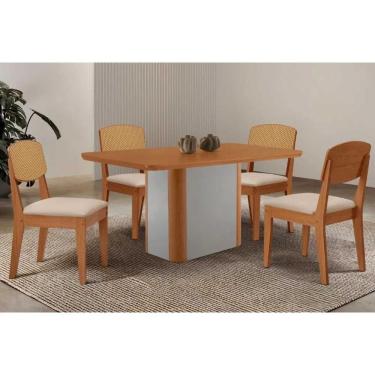 Imagem de Sala Jantar Mesa Pietá Tampo Curvo 120cm+4 Cadeiras Havana Naturale/Off White - Suede Creme - Rufato