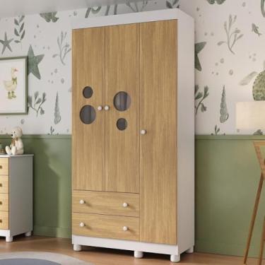 Imagem de Guarda-roupa Infantil 92cm com Vidro 3 Portas e 2 Gavetas Bombom Multimóveis Mp4462 Branco/madeirado
