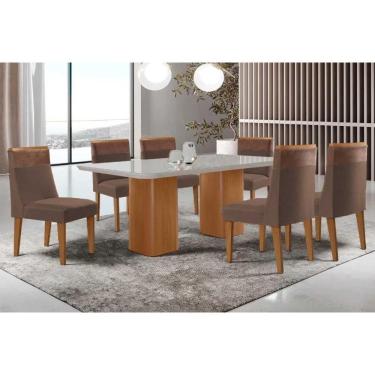 Imagem de Sala Jantar Mesa Maldivas Tampo c/ Vidro Curvo 180cm+6 Cadeiras Jaspe Madeira Naturale/Off White - Capuccino/Suede Marrom - Rufato