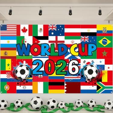 Imagem de Cenário da Copa do Mundo de 2026, 109 x 188 cm, cenário de atmosfera de estádio de futebol para decoração de festa da Copa do Mundo e fotografia de fãs de futebol bandeira internacional
