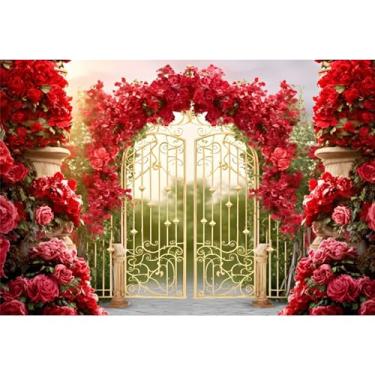Imagem de YongFoto Retrô Castelo Jardim Portão de Ouro Francês Pano de Fundo 3 x 2 m Flor Rosa Vermelha Arco de Conto de Fadas País das Maravilhas Fundo de Fotografia Aniversário Festa de Casamento Decoração de