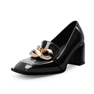 Imagem de Odetina Sapato social feminino de bico quadrado com corrente de metal, salto grosso, couro envernizado, Preto, 37