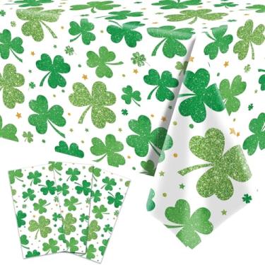 Imagem de Toalha de mesa de plástico trevo do Dia de São Patrício de 3 peças 137 x 272 cm – Toalha de mesa com design de trevo da sorte verde, capa de mesa retangular descartável para o Dia de São Patrício,