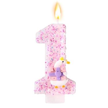 Imagem de Vela de Aniversário com um Ganso Tonto, Cor-de-Rosa Adorável Número 1 para Decoração Bolo Aniversário de Meninos e Meninas