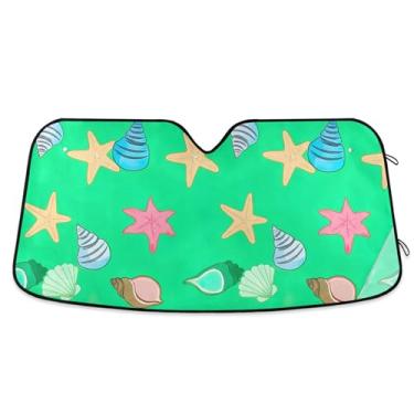 Imagem de Conchas coloridas estrelas do mar verde personalizado para-sol carro para para-brisa retrátil dobrável automotivo protetor solar S, 134.6 cm x 59.7 cm