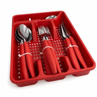 Imagem de Faqueiro 17 Peças com Porta-Talheres – Vermelho · Cabos Ergonômicos · Aço Inox e Plástico · Conjunto para Mesa e Cozinha