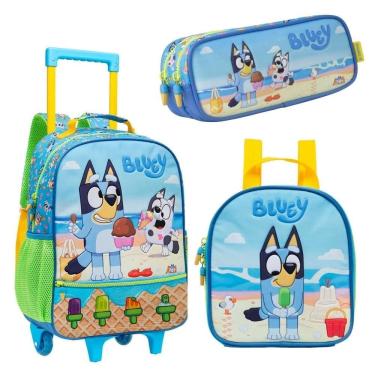 Imagem de Kit Mochila De Carrinho Escolar Com Rodinhas Lancheira E Estojo Bluey
