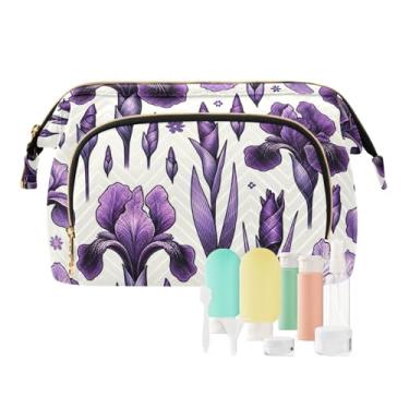 Imagem de TSENQUE Caminhões coloridos fundo azul bolsa de cosméticos bolsa ampla bolsa de maquiagem bolsa de cosméticos bolsa organizadora bolsa de higiene pessoal bolsa organizadora, Flores roxas, one size