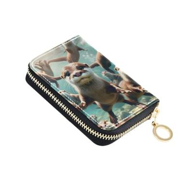 Imagem de Carteiras femininas minimalistas com zíper em torno de bloqueio de RFID, lindas lontras fofas sob a água, carteira com zíper e bolso para moedas
