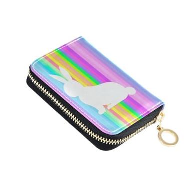 Imagem de 9 compartimentos para cartão de crédito e 2 compartimentos para dinheiro, carteira de couro feminina com zíper ao redor da carteira masculina com bolso para moedas, arco-íris, coelho branco, animal
