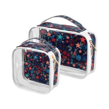 Imagem de GAIGEO Ônibus retrô com estampa de primavera, pacote com 2, bolsa transparente para viagem, bolsas transparentes de maquiagem para viagens, Bandeira americana de estrelas em aquarela azul vermelha