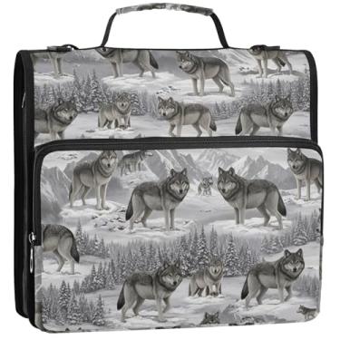 Imagem de Documento 3 fichários de 3 anéis de 3,8 cm D anéis lobos montanhas nevadas organizador de fichário portfólio e estojo suporte de pasta de anel bolsa de fichário ensino médio com alça, 34,5 x 31,5 x 9