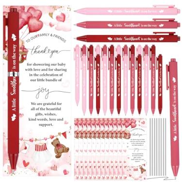 Imagem de LTEIWFPE Conjunto de 48 conjuntos de lembrancinhas de festa de chá de bebê para convidados A Little Sweetheart is On the Way Canetas esferográficas rosa cartões de agradecimento com laços de cabo