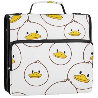 Imagem de Organizador de fichário com zíper fofo desenho animado de pato branco 3 anéis 3 anéis bolsa escolar fofa com alça de ombro para portfólio comporta 500 lençóis, 34,5 x 31,5 x 9 cm