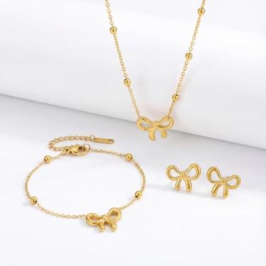 Imagem de Kit de colar e pulseira de ouro 18 K para mulheres, brincos de borboleta banhados a ouro, colar, pulseira, conjunto de joias de borboleta para mulheres