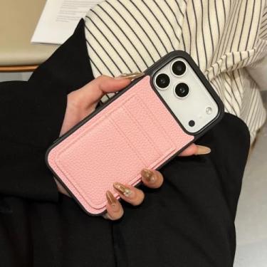 Imagem de HTVJFXCapa protetora tipo carteira em couro PU com estampa de lichia e suporte duplo para cartões para iPhone 17 Pro Max (Rosa)