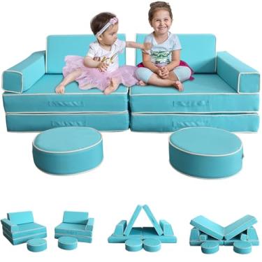 Imagem de Jadoxy Sofá modular para crianças, sofá secional para sofá, quarto e sala de jogos, espuma conversível para crianças, almofada de chão para meninos e meninas imaginativos (ciano)