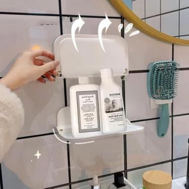 Imagem de Uma prateleira de parede dobrável, suporte flutuante de plástico sem perfuração para banheiros, toalhas e armazenamento de roupas.