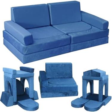 Imagem de Jadoxy Sofá modular infantil de brincar, 10 peças, sofá de espuma multifuncional para sala de jogos, almofada de chão conversível imaginativa para meninos e meninas (azul escuro)