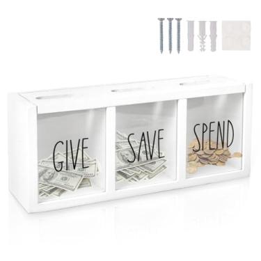 Imagem de Himitimi Cofrinho de madeira para crianças, gaste poupe, dê dinheiro, caixa de economia de moeda visualizada e caixa de economia de dinheiro para crianças, meninos, meninas e adultos (suporte de