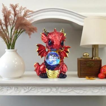 Imagem de Tolatr Dragão segurando bola de cristal iluminando estátua de dragão para decoração de mesa (vermelho, 11 cm)
