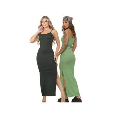 Imagem de KIT 2 Vestido Canelado Longo com Fenda Lateral de Alcinha Sem Bojo - A