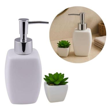 Imagem de Conjunto Porta Sabonete Líquido Porcelana Branca E Vaso Decorativo Suculenta Artificial - Tuut